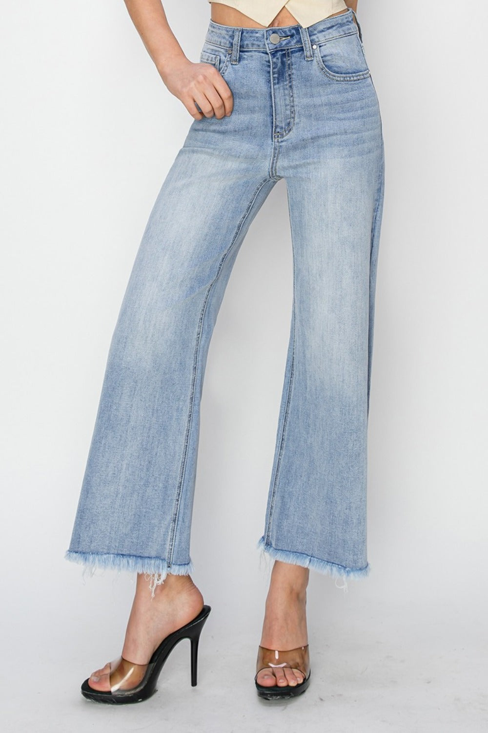 High Rise Crop Wide Fray Hem Jeans Risen   