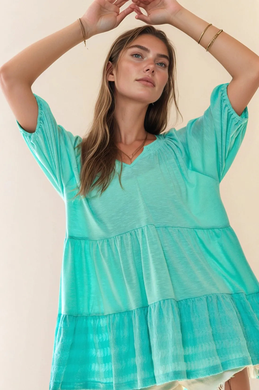 Solid Ruffled Flared Short Sleeve V Neck Top Davi & Dani
