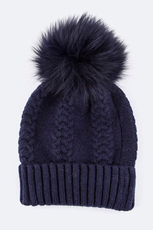 Emmez Raccoon Fur PomPom Cashmere Beanie Artini Accessories Navy Blue O/S 