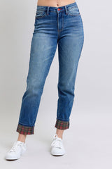 Plaid Print Cuff Straight Leg Jeans with Pockets Judy Blue