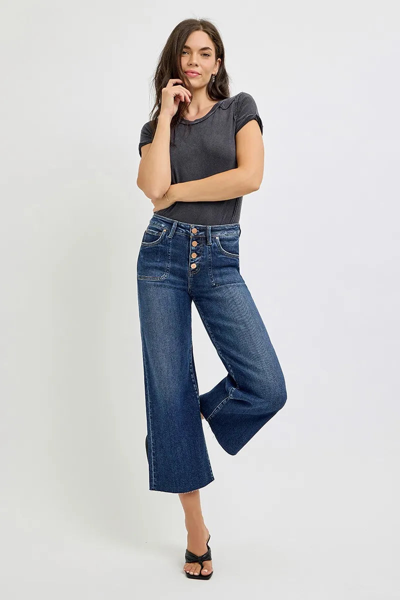 High Rise Crop Wide Button Up Jeans With Plus Size Risen