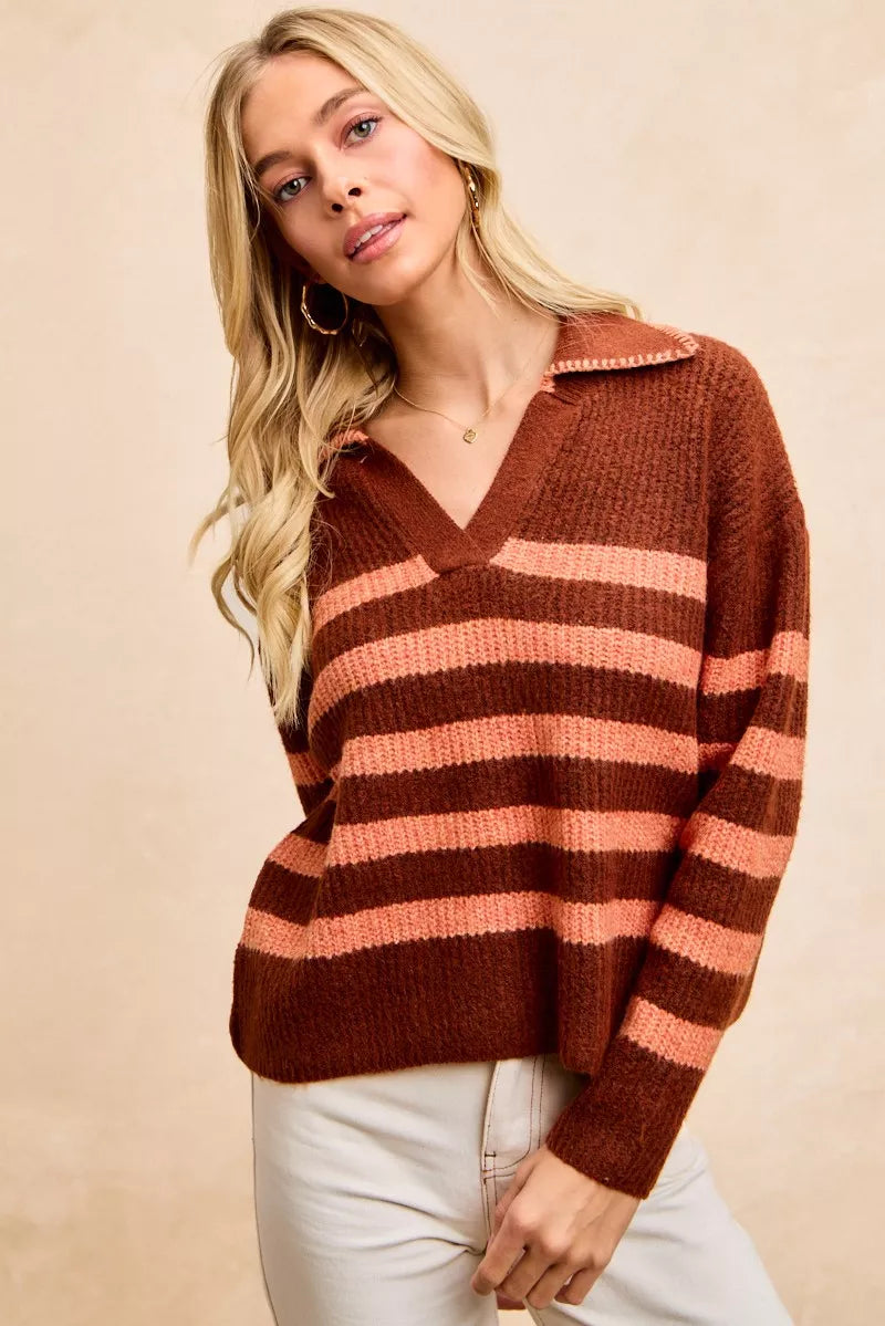 Striped Sweater Top with Collar Stitched Details BiBi