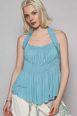 Backless Halter Sleeveless Top with Smocking Shirring Detail POL WATER BLUE S