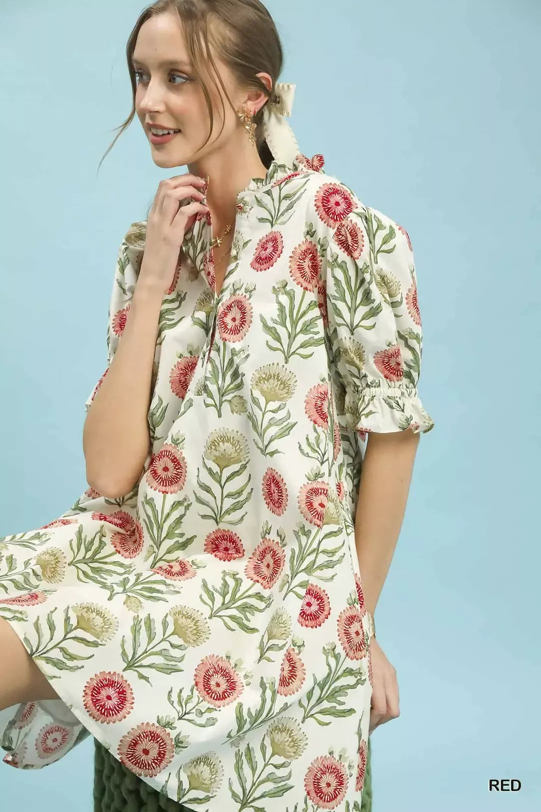 Floral Puff Sleeve Babydoll Dress with Side Pockets Umgee