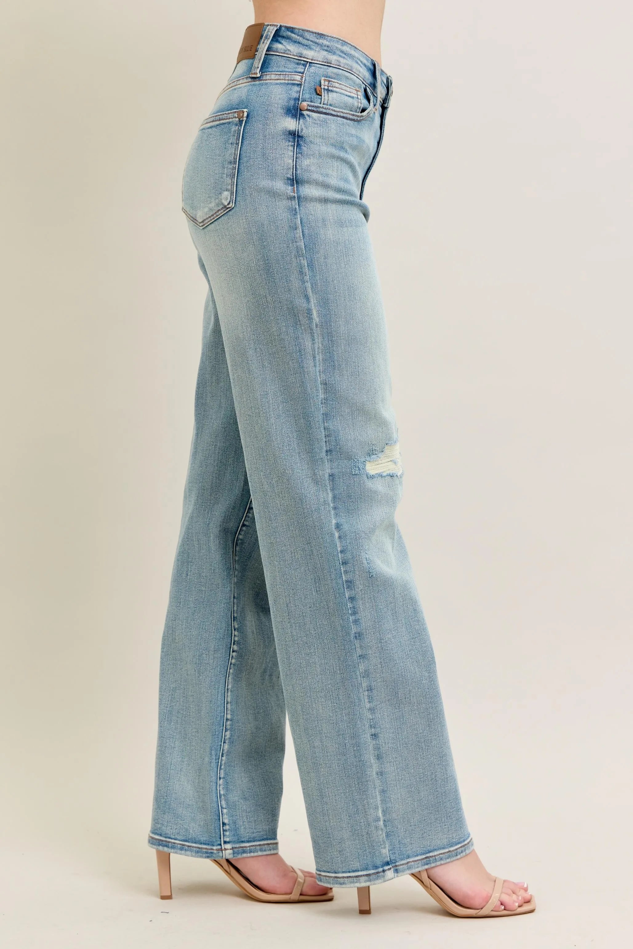High Waisted Destroy & Knee Patch Straight Jeans With Plus Size Judy Blue