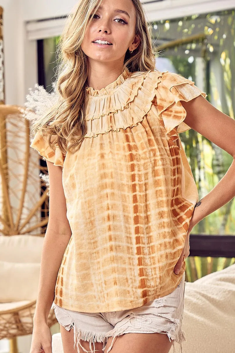 Tiered Ruffle Neck Tie Dye Top BiBi
