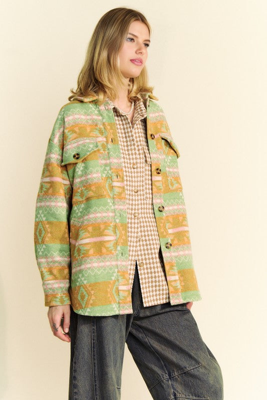 High-Low Geometric Long Sleeve Shacket with Pockets Davi & Dani