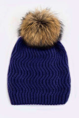 Raccoon Fur PomPom Chevron Knit Beanie Simmer & Fay Navy 1 