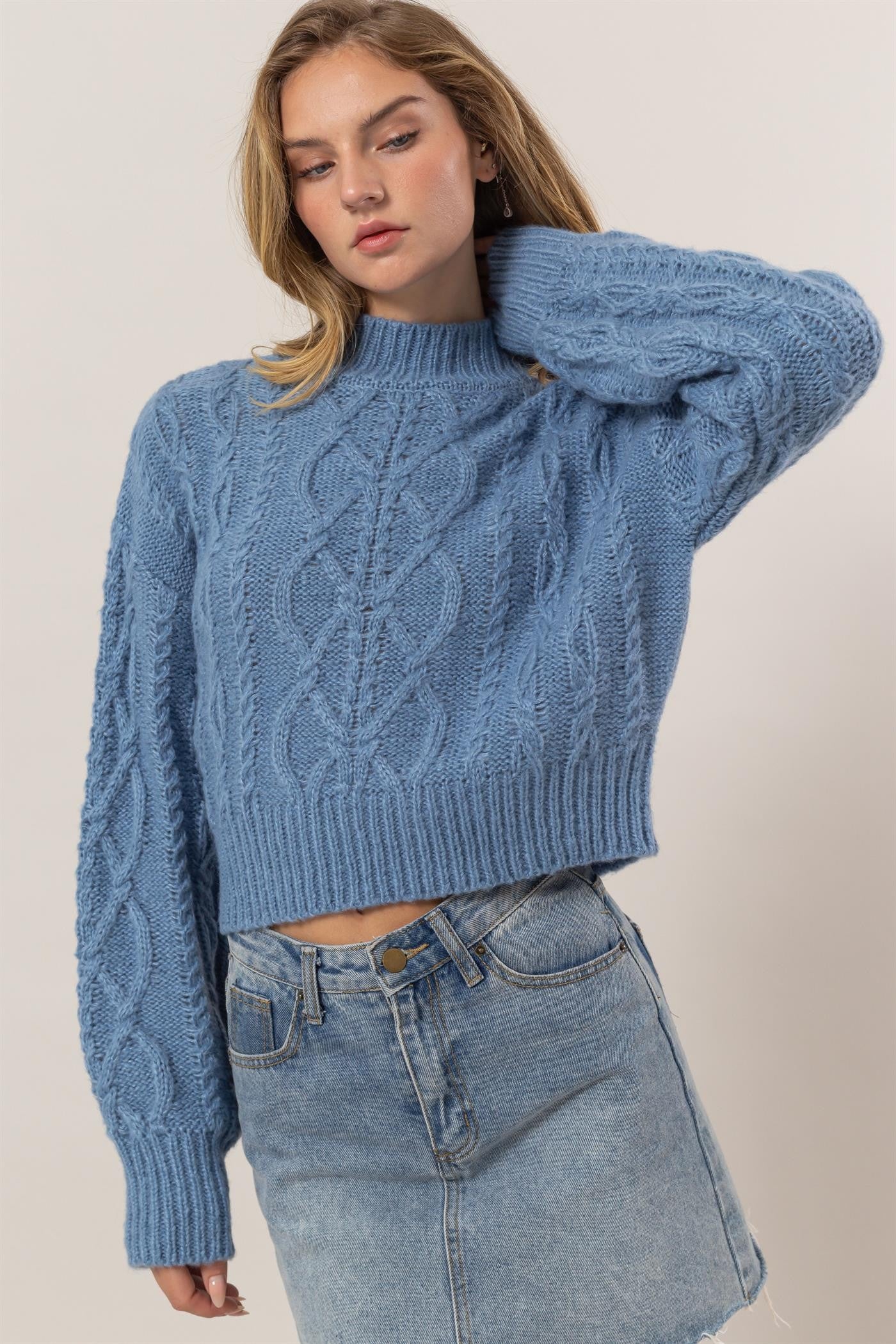 Cable-Knit Mock Neck Dropped Shoulder Sweater HYFVE Gray Blue S 