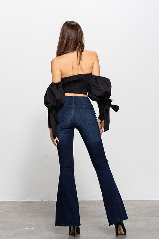 Mid-rise Banded Wide Flare Jeans Denim Lab USA   