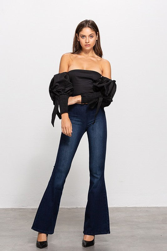 Mid-rise Banded Wide Flare Jeans Denim Lab USA   