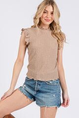 Textured Mock Neck Ruffle Cap Sleeve Blouse Ces Femme