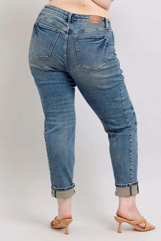 Mid Rise Vintage Wash Double Roll Cuff Boyfriend Jeans with Plus Size Judy Blue