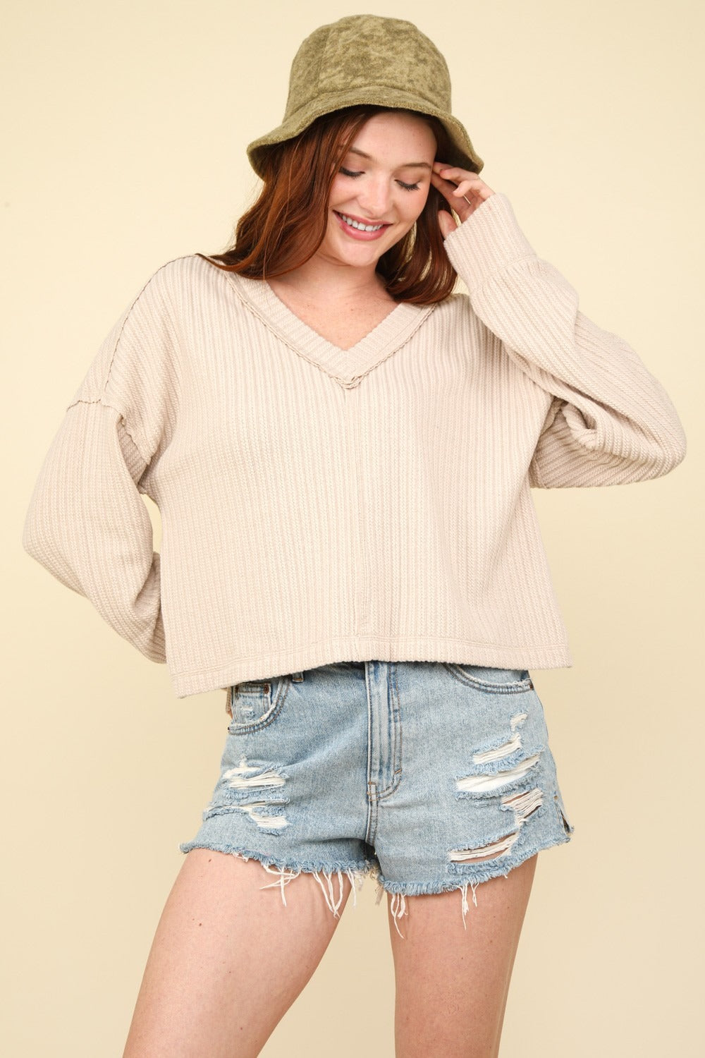 Exposed Seam V-Neck Ribbed Knit Top Very J   