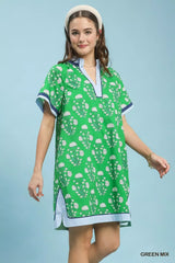 Printed Split Neck Short Sleeve Shift Dress Umgee