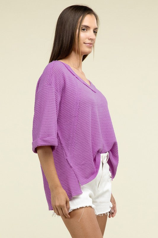 Brushed Waffle Relaxed 3/4 Sleeve Top ZENANA   