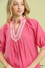 Solid Contrast Trim Pleated Top Umgee