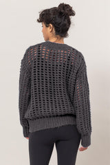 Openwork Round Neck Long Sleeve Knit Cover Up HYFVE   