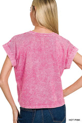 Halo Washed Cotton Cuffed Short Sleeve Top ZENANA