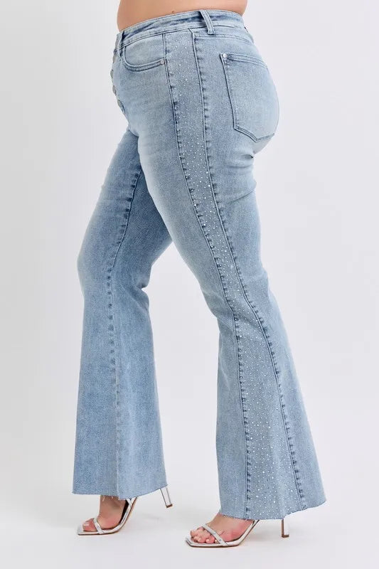 Mid Rise Rhinestone Side Panel Detail Flare Jeans Judy Blue