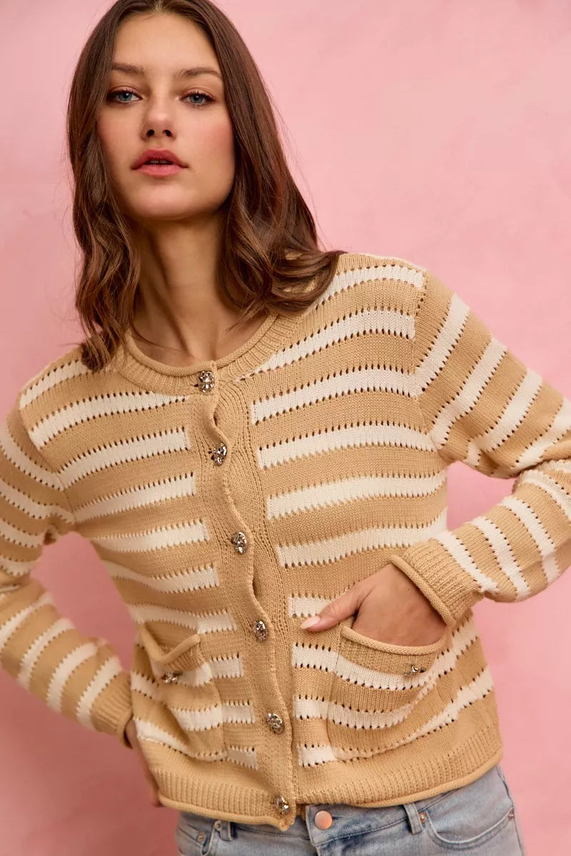Stripe Long Sleeves Button Sweater Cardigan So Me