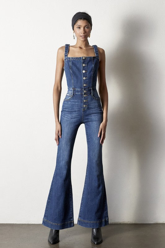 Flare Denim Jumpsuit Button Overalls Denim Lab USA DARK S 