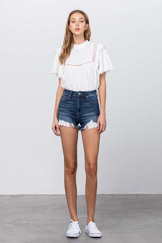 High Waist Lace Lining Trim Denim Shorts Insane Gene   