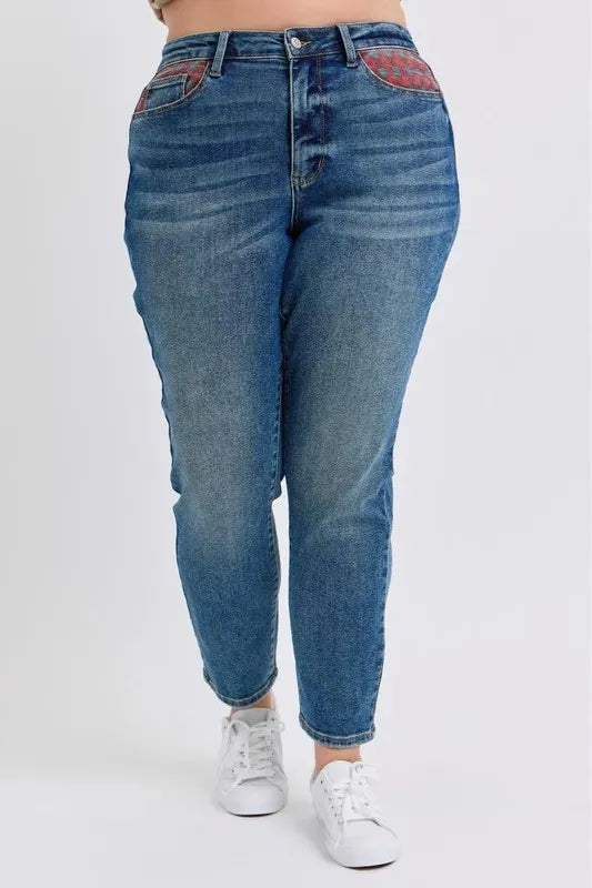 High Waist Plaid Patch Slim Fit Jeans Plus Size Judy Blue