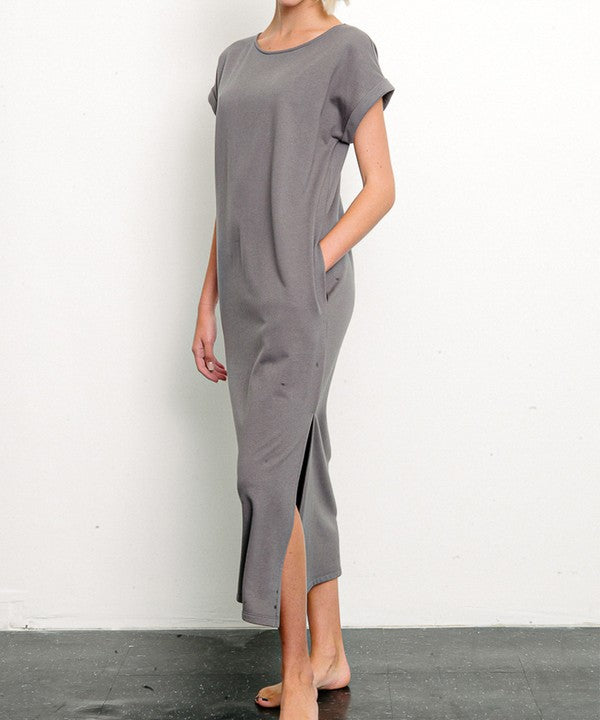 Brushed Organic Hemp Side Slit Maxi Dress Fabina DULL GREY S 