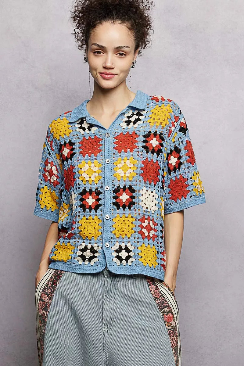 Crochet Short Sleeve Relaxed Fit Shirt POL SKY MULTI One Size