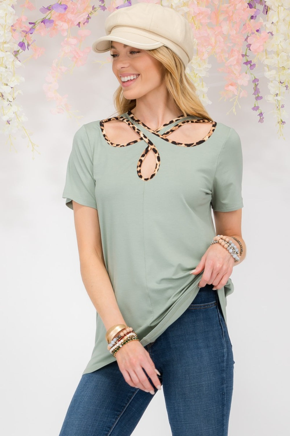 Crisscross Cutout Leopard Contrast Trim T-Shirt Celeste Sage S 