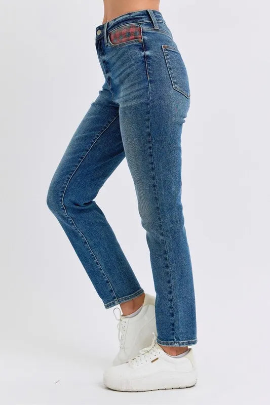 High Waist Plaid Patch Slim Fit Jeans Plus Size Judy Blue