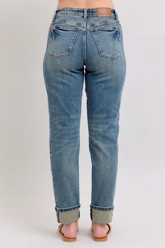 Mid Rise Vintage Wash Double Roll Cuff Boyfriend Jeans with Plus Size Judy Blue