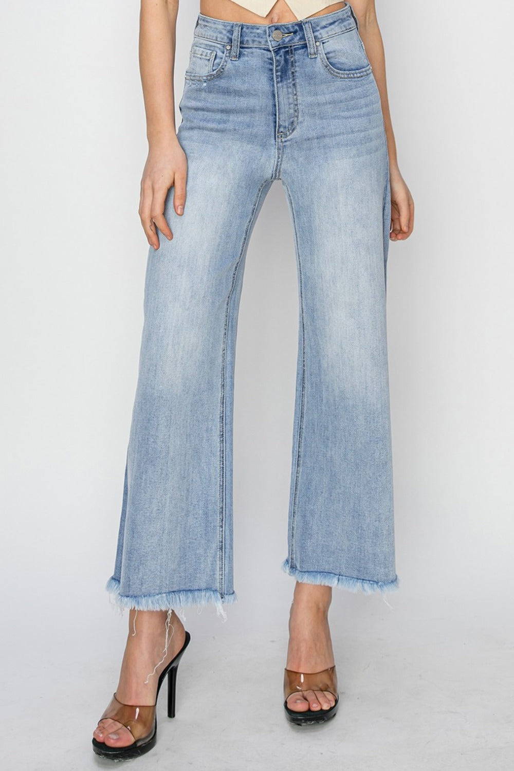 High Rise Crop Wide Fray Hem Jeans Risen   