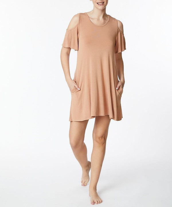 Bamboo Cold Shoulder Flare Dress Fabina CAMEL S 