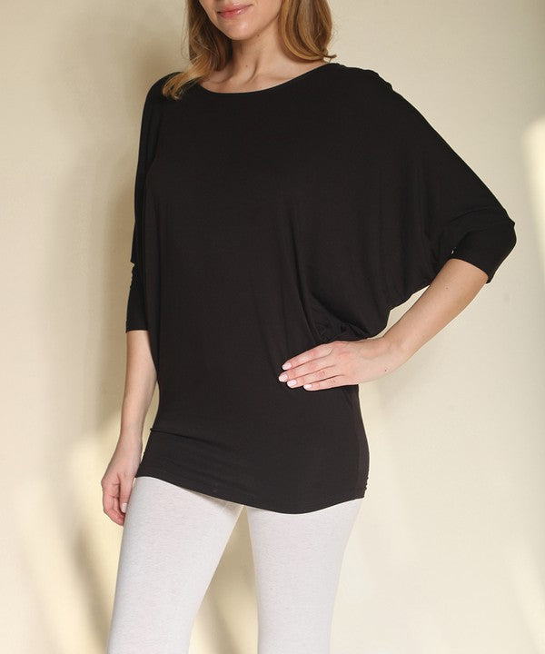 Bamboo Side Ruched Dolman Sleeve Top Fabina BLACK S 