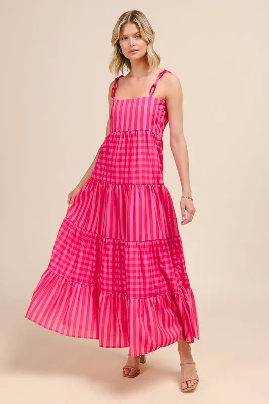 Stripe Tiered Maxi Dress with Colorful Chain Strap So Me