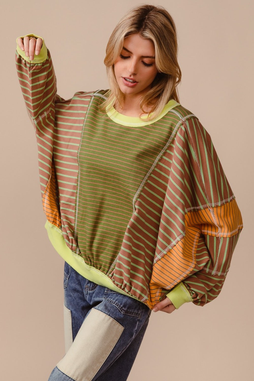 Color Block Striped Round Neck Sweatshirt BiBi Olive/Latte S 