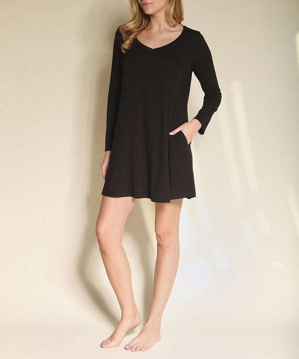 Bamboo Casual Long Sleeve V neckDress Fabina BLACK S 