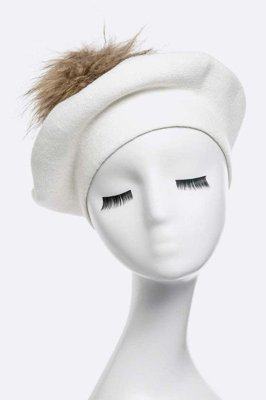 Genuine Fur Pom Cashmere Beret Simmer & Fay White O/S 