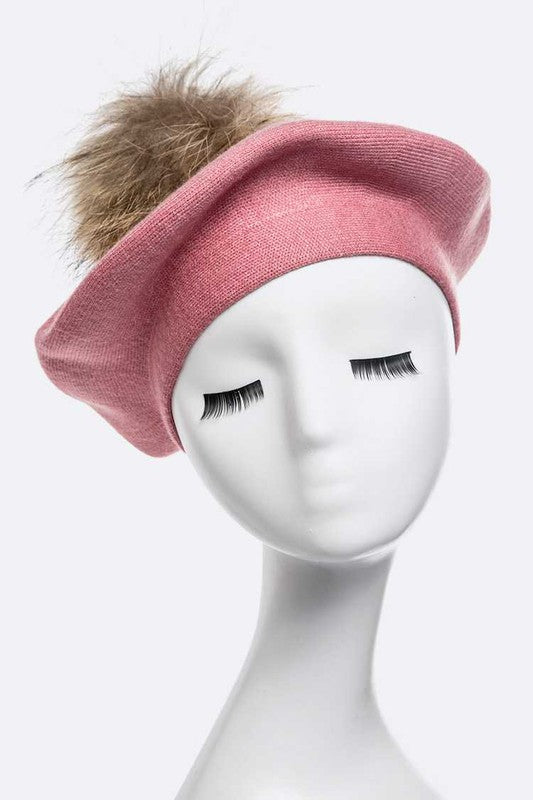 Genuine Fur Pom Cashmere Beret Simmer & Fay Pink O/S 