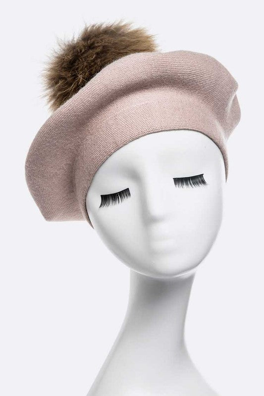 Genuine Fur Pom Cashmere Beret Simmer & Fay Taupe O/S 