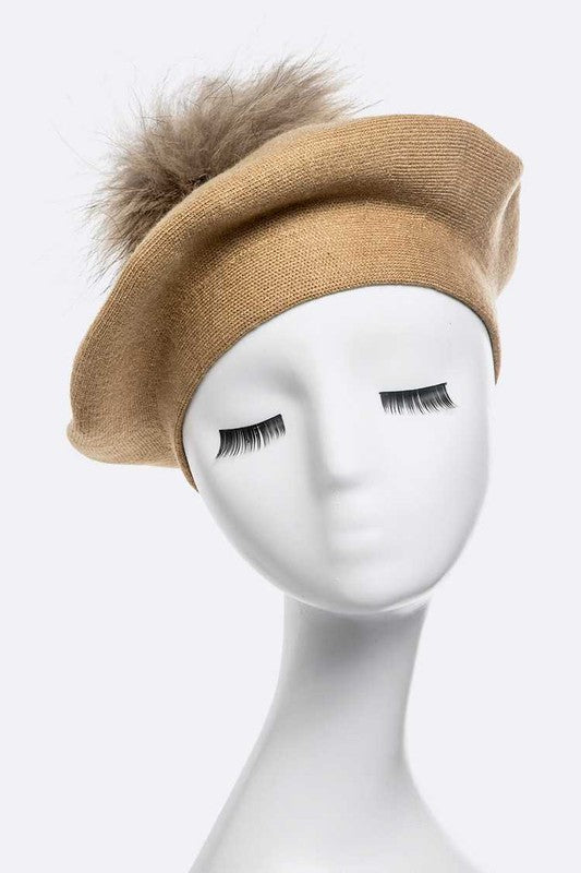 Genuine Fur Pom Cashmere Beret Simmer & Fay Beige O/S 