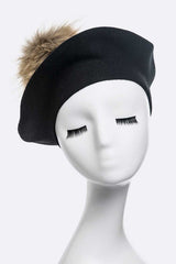 Genuine Fur Pom Cashmere Beret Simmer & Fay Black O/S 