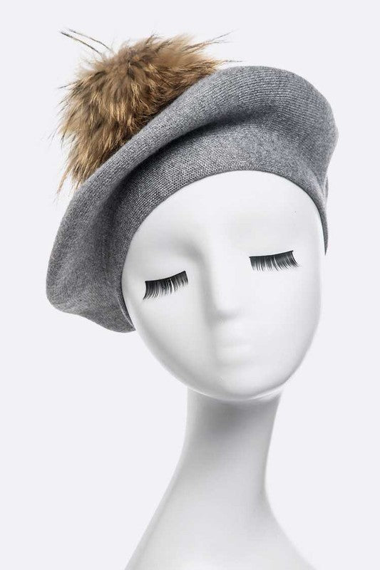 Genuine Fur Pom Cashmere Beret Simmer & Fay Grey O/S 