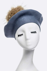 Genuine Fur Pom Cashmere Beret Simmer & Fay Blue O/S 