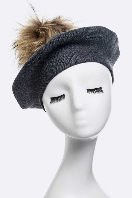 Genuine Fur Pom Cashmere Beret Simmer & Fay Dark Grey O/S 