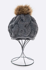 Emmez Cable Knit Natural Raccoon Fur Pom Beret Simmer & Fay Grey O/S