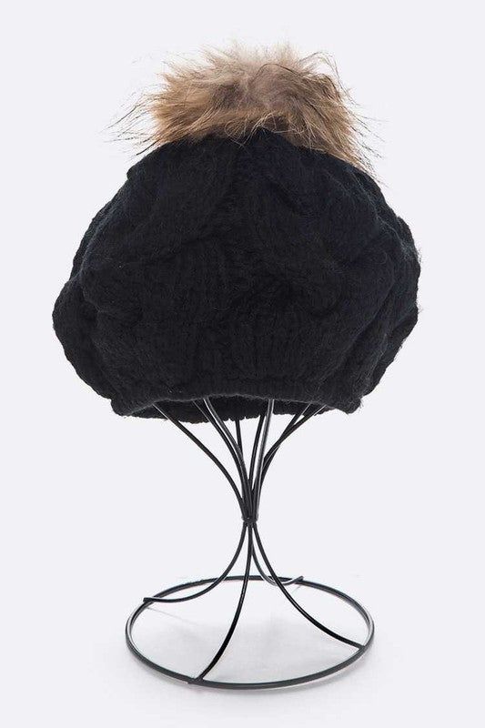 Emmez Cable Knit Natural Raccoon Fur Pom Beret Simmer & Fay Black O/S