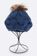 Emmez Cable Knit Natural Raccoon Fur Pom Beret Simmer & Fay Blue O/S